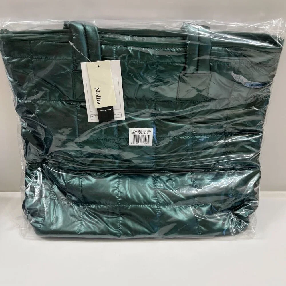 Quilted Puffer Tote - Shiny Deep Green - Double Handle- XL- Lightweight -NWT